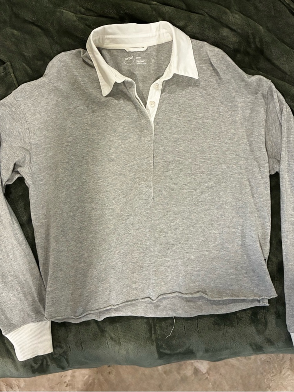 aerie Gray Long-Sleeve Polo with White Collar